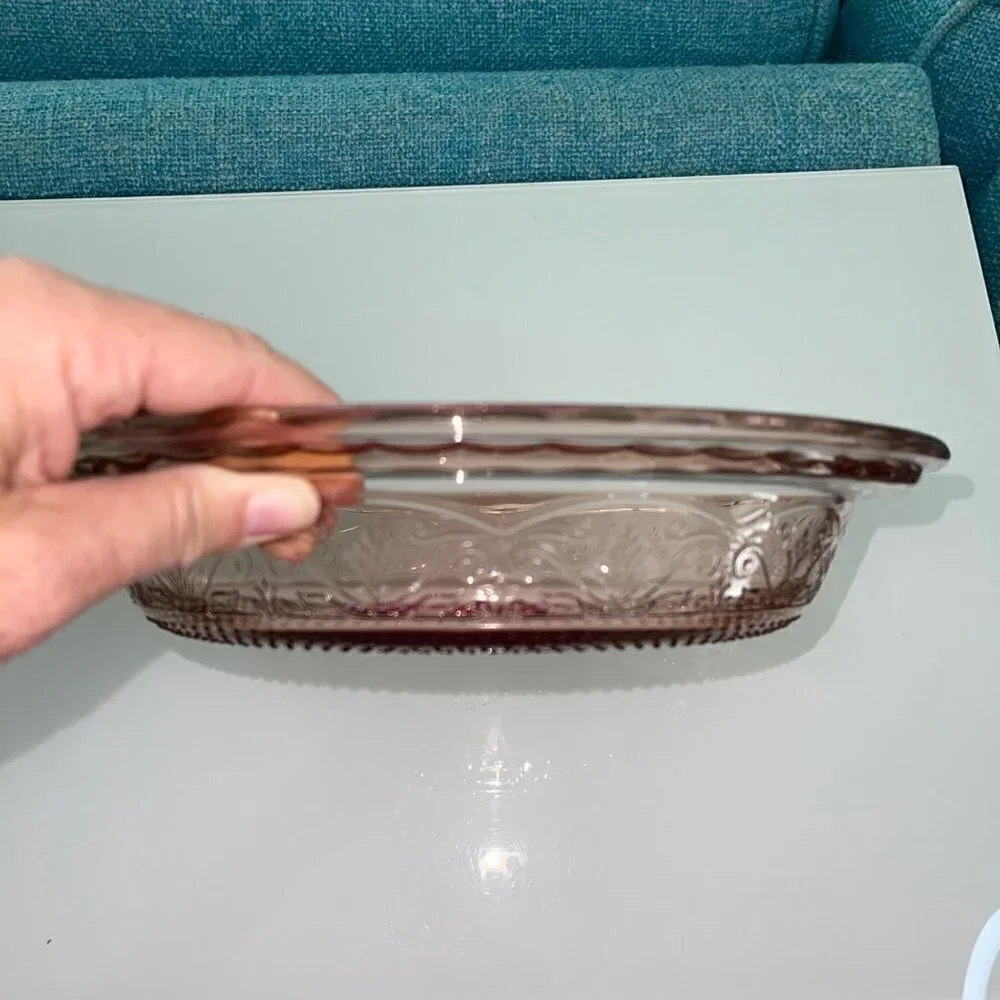 Anchor Hocking Vintage Cake Pie Dish Clear Rose Glass Laurel Embossed 9.25 USA